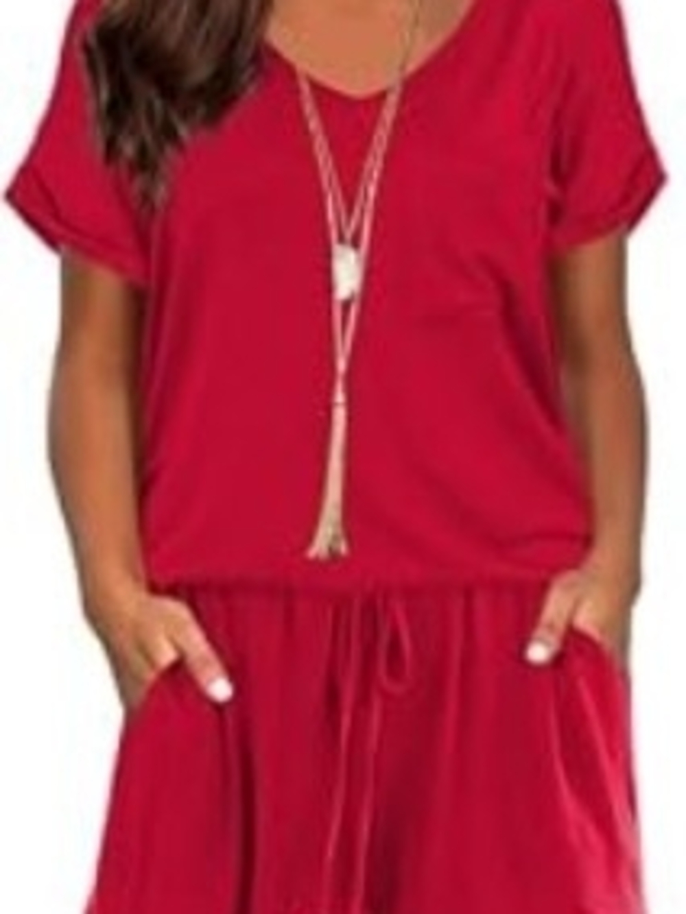 Womens Red Short Sleeve Drawstring Romper